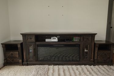 Farmhouse Fireplace TV Stand + 2 Matching End Tables – Fits 75”+ TVs
