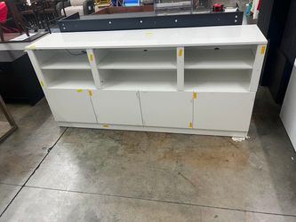 70” White Tv Stand With Open Shelf Concept. Media Center Cabinet With 4 Soft Close Door Cabinets.