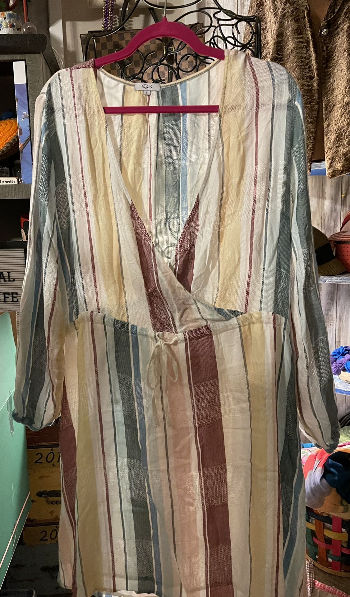 Rails white muted green red yellow striped Becca drawstring dress Size Large Like New Smoke Free