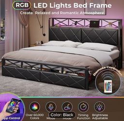 King bed frame with LED light and charging station Brand New