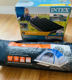 Twin air bed and 3 person tent
