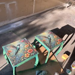 Decoupaged End Tables ! Beautiful Blues And Greens And Hummingbirds ! Real Wood And Absolutely Only 2 Of A Kind 