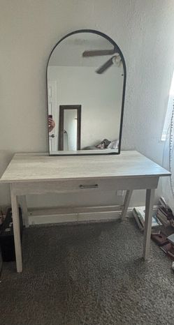 White Vanity Desk with Drawer and Mirror