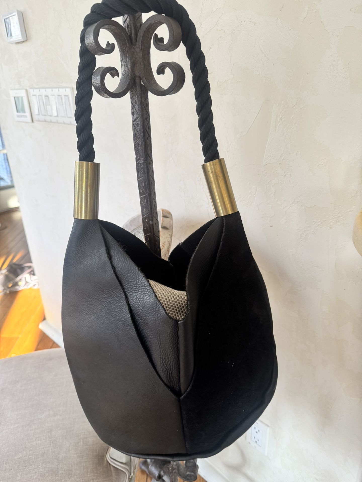 Black Suede and Leather Hobo Drop Bag with Brass detail on Handle