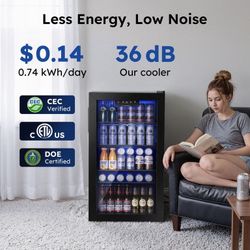 130 Can Beverage Refrigerator with Glass Door for Home, 17.3 in D, 31.3 in H, Black