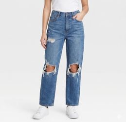 Wild Fable High Rise Straight Leg medium wash button fly distressed jeans, size 8