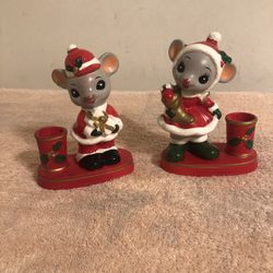 Vintage Napcoware Christmas Mice Taper Candle Holder Pair #X-8590 