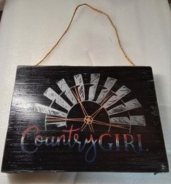 Americana Windmill Country Girl Rustic Primitive Handcrafted Wood Sign USA