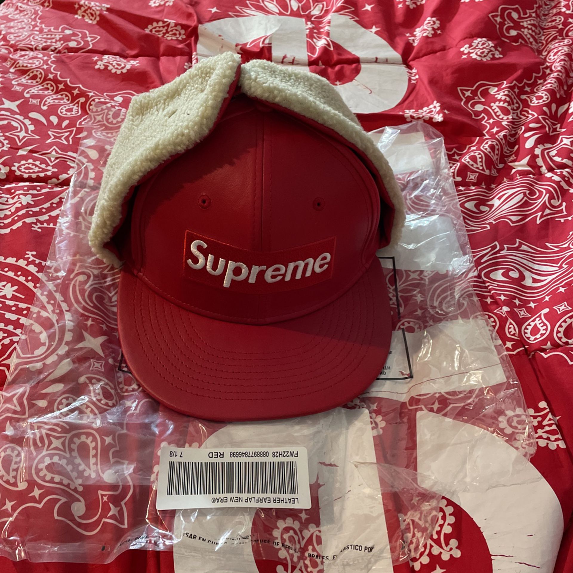 “7 1/8 Fitted” Red Leather Supreme Hat