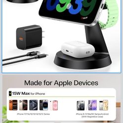 3 in 1 Charging Station for Apple Devices, 15W Fast Wireless Charger Compatible with MagSafe Charging Stand for iPhone 17 16 15 14 13 12 Series, Watch