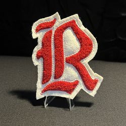 3”x4” Fancy, Red And White Old English Alphabet Letter. R Embroidered Sew On Patch.