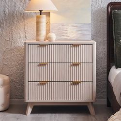 set of 1 Fluted 3 Drawers Nightstand, Oversized Extra Large Modern Side Table, End Table Bedside for Bedroom, Living Room, Curved Profile Design, Whit