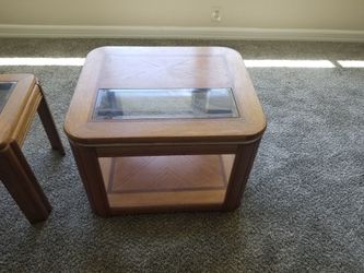 Oak End Table,  1/2 Glass With Gold Trim 