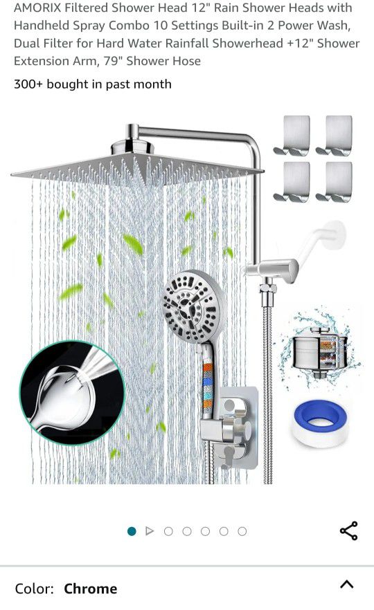 AMORIX Filtered Shower Head 12" Rain Shower Heads with
Handheld Spray Combo 10 Settings Built-in 2 Power Wash,
Dual Filter for Hard Water Rainfall Sho