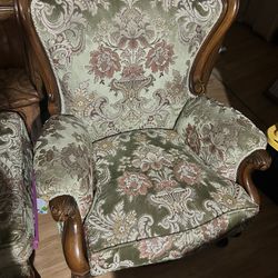 Vintage Set Of 2 Fabric Arm Chairs With Wood Accents 