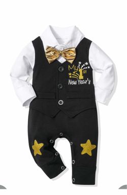 AGAPENG New Year Baby Boy Outfit Happy New Year Outfit My 1st 2026 Gentleman Romper Jumpsuit With Bow Tie 3-6 Months Black