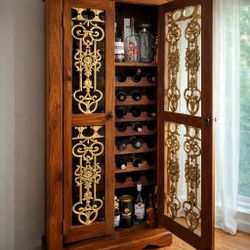 Handcrafted Solid Wood Wine Cabinet w/ Ornate Metal Doors