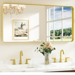 Keonjinn Gold Bathroom Mirrors for Over Sink 48” x 24” Large Brushed Brass Metal Framed Wall Mirror, Rounded Rectangle Bathroom Vanity Mirror, HD Temp