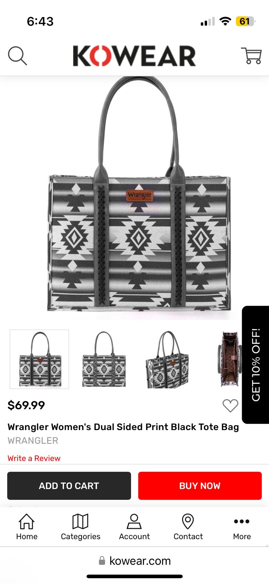 Wrangler Women's Dual Sided Print Black Tote Bag