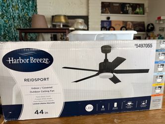 Harbor Breeze Reidsport 44-in Matte Black Ceiling Fan, which features an integrated LED light and remote control.