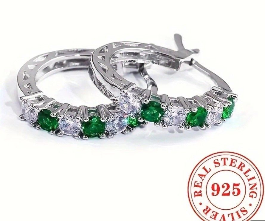 Silver Earrings With Green Stone ,925 Real Sterling Silver
