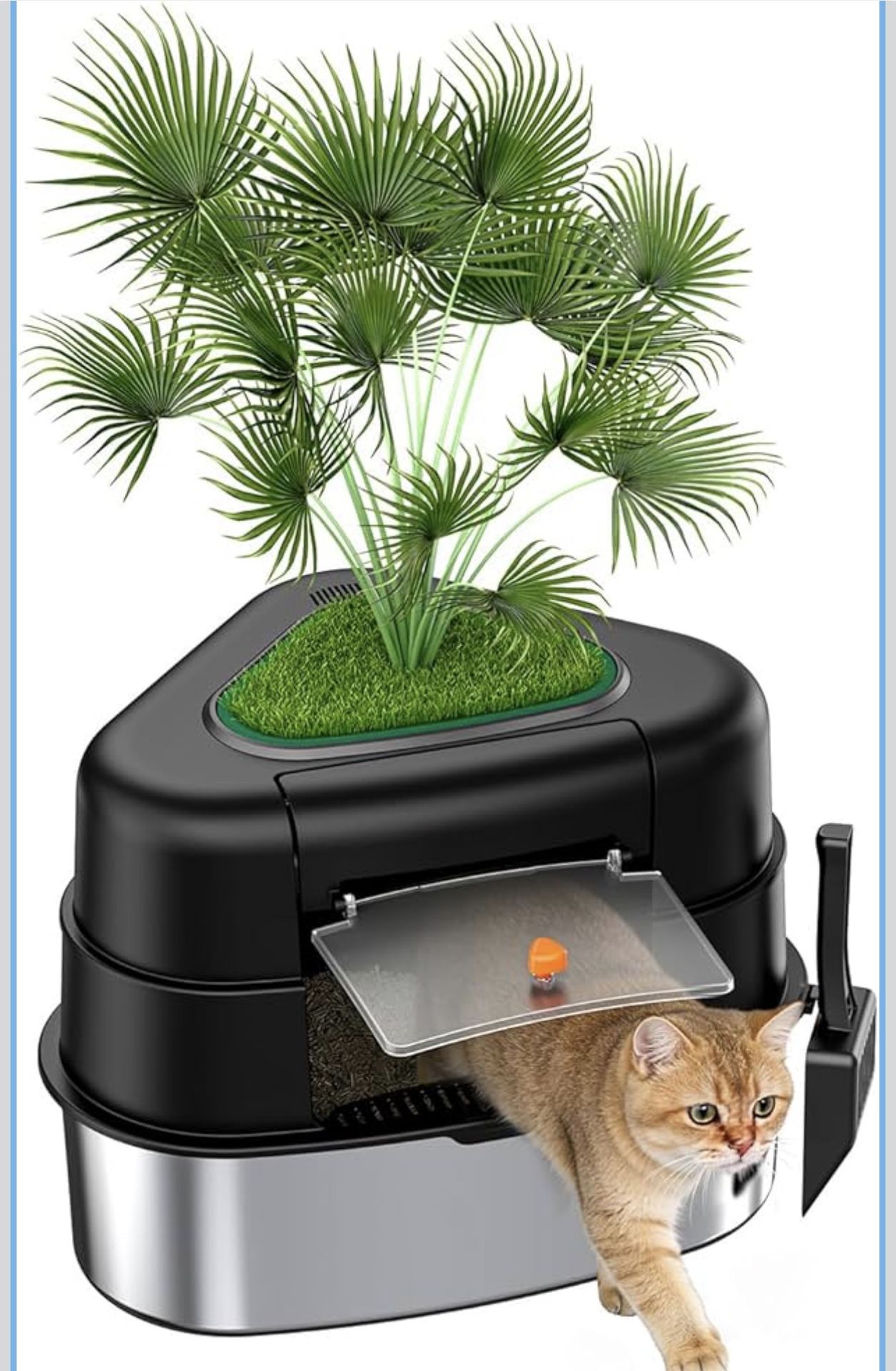 New-Hidden Plant Cat Litter Box Enclosure with Artificial Plant, Decorative Planter, Vented Carbon Filter for Odor Control, Easy-to-Clean Stainless St