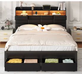 New -Queen Bed Frame with Storage Headboard, Upholstered Black Bed Frame with 4 Drawers, LED Lights, and Charging Station, Heavy-Duty Metal Slats Supp