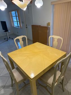 Vintage Goat Skin Mahjong/ Expandable Dining Table Set w/ 4 Chairs & 2 Leaves