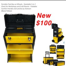 New Portable Tool Box on Wheels - Stackable 3-in-1 Chest for Workshops and Craft Rooms - Foldable Comfort Handle and Latches by Stalwart $100 