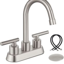 Airuida 4 Inch Centerset Bathroom Sink Faucet – 2 Handle Stainless Steel Vanity Faucet with Pop Up Drain,Water Supply Lines and Swivel Spout,Brushed N