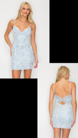 New With Tags Light Blue Sequin Floral Butterfly Short Formal Dress & Homecoming Dress $55