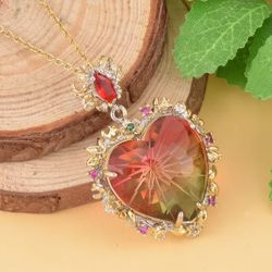 Simulated White Mystic Color Quartz and Multi Gemstone Heart Pendant in Dualtone with Stainless Steel Necklace 20 Inches

