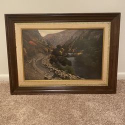 Vintage Wood Framed Landscape Photography of Sheep on a Road in Provo Canyon by Photographer O. Blaine Larsen of Larsen Photography of Provo.