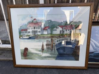 Framed Harbor Scene Watercolor Painting