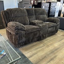 Fur Like Fabric Manual Recliner Loveseat With Storage And Cup Holders 