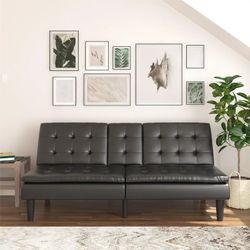 Mainstays Memory Foam Futon with Cupholder and USB, Black Faux Leather, New In Box