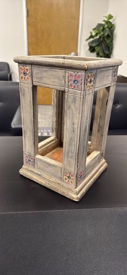 Rustic Boho Wood Candle Holder Standing Lantern – Painted Flower Accents, 12”