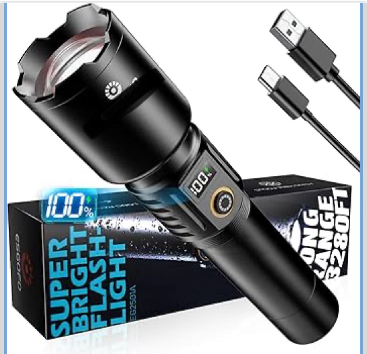 Rechargeable Flashlights High Lumens 2000 Long Range 3280FT, Super Bright Handheld Strong LED Flashlight Long Lasting 15H, Powerful Flash Light USB C,
