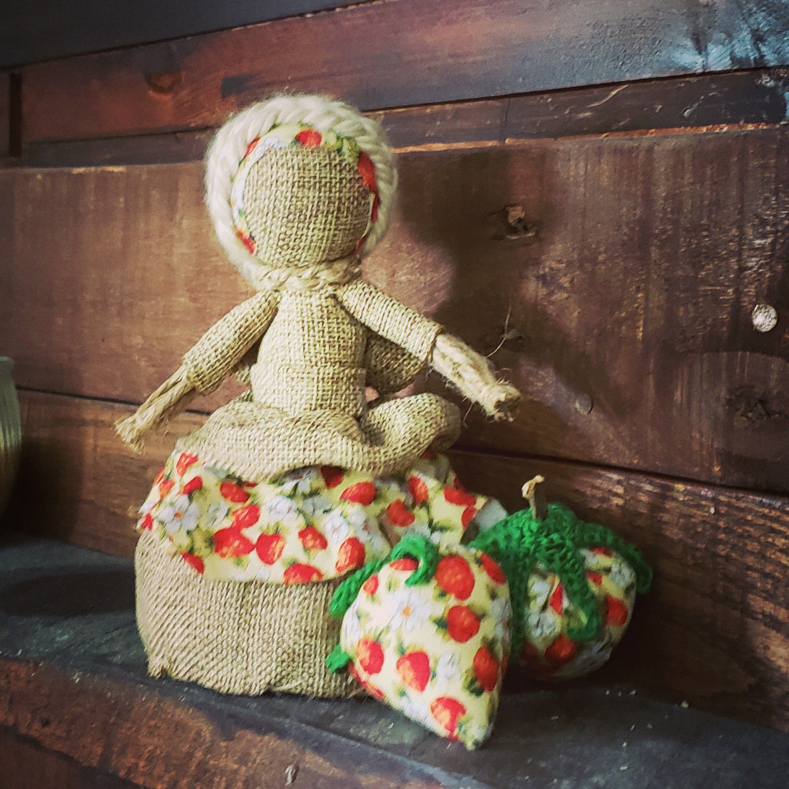 Primitive Handmade Doll with Strawberries Folk Art Decoration
