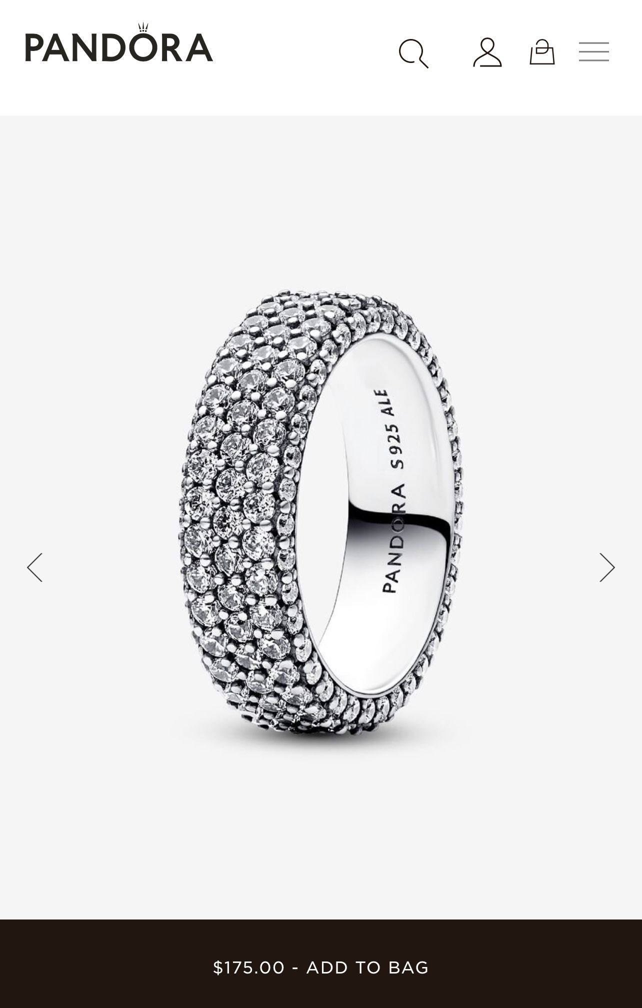 Pandora Sparkling Statement Ring – Sterling Silver & CZ, Size 56 Retail $175