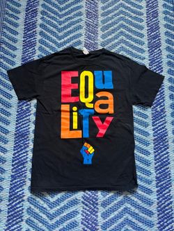 Black cotton t-shirt with 'EQUALITY' in multicolored letters and a blue fist graphic, size S #equality #activism