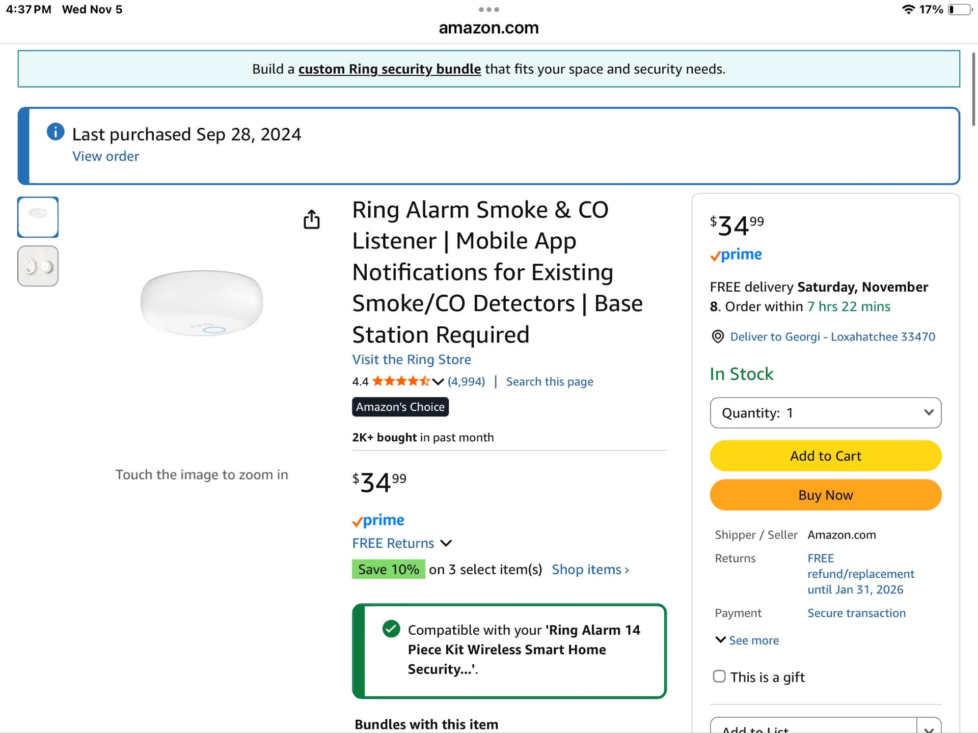 Ring Alarm Smoke & CO Listener | Mobile App Notifications for Existing Smoke/CO Detectors | Base Station Required
