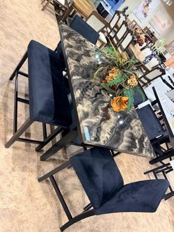 4 black chairs table and bench NEW