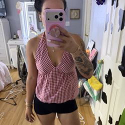 SHEIN Red Gingham Halter Babydoll Top