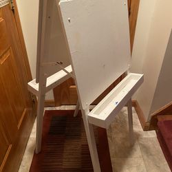 Vtg Solid Wood Painted White Double Sided Easel with Storage Trays 49” high by 22” wide