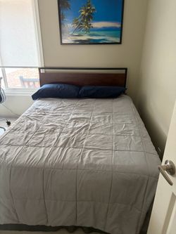Full size queen frame with mattress, mattress pillow top and mattress cover