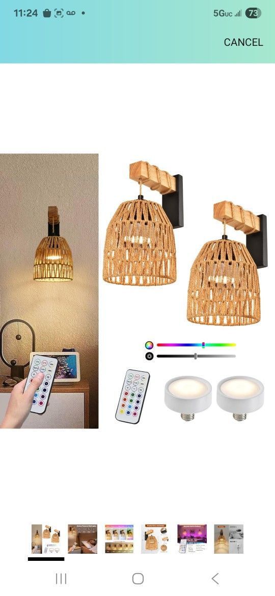 Battery Operated Wall Sconce Set of Two, Rattan Wall Sconces Battery Operated Set of 2, Boho Battery Wall lights with Remote, Wireless Wall Sconce for