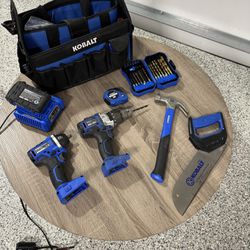 Kobalt Assorted Tools & Bag - drills, Bits, Hammer, Measuring Tape, 