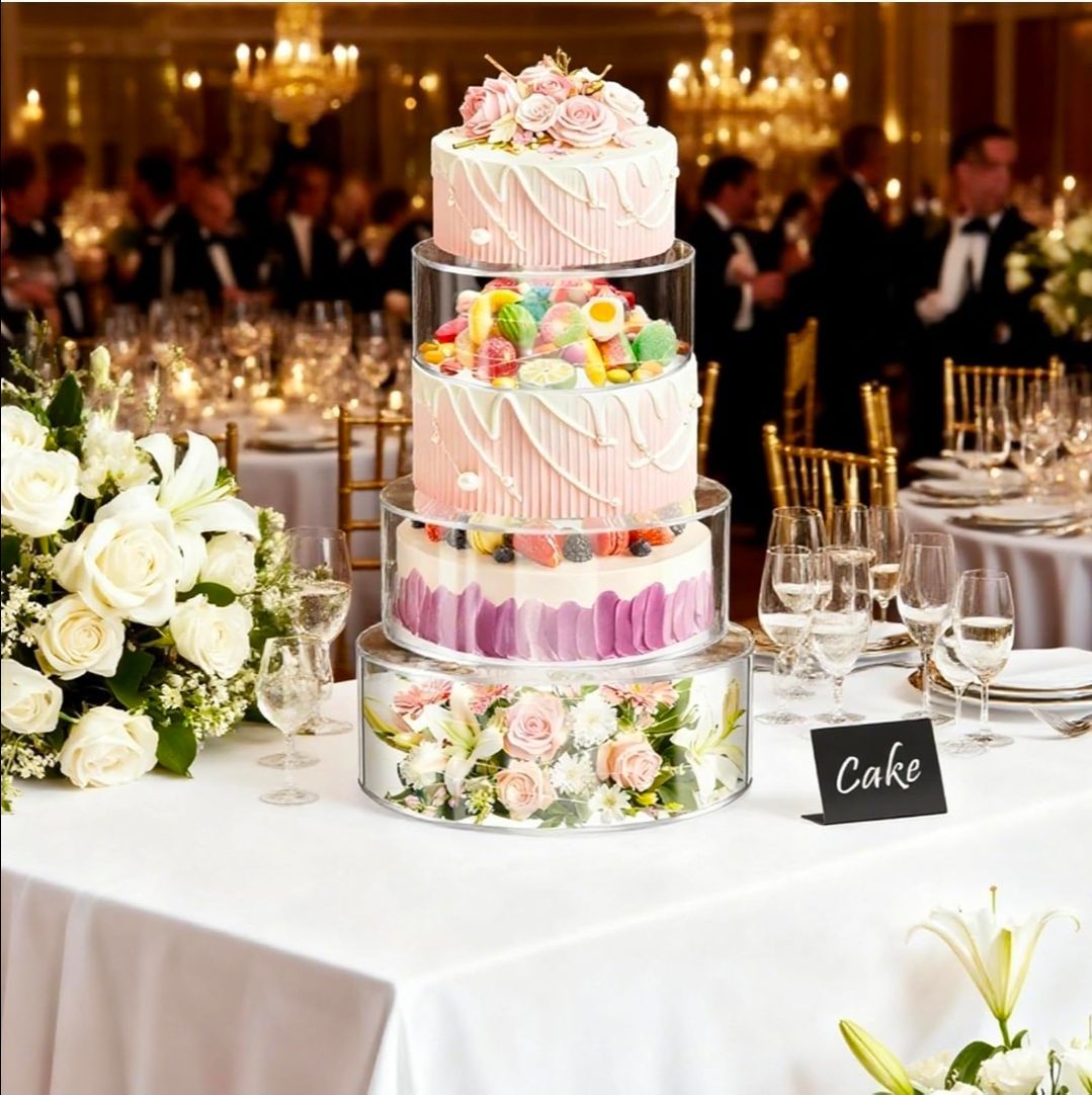 3 Pcs Acrylic Cake Stand Set with LED Lights – 6'', 8'', 10'' Clear Round Fillable Display Risers with 3 Mini Signs & 2 Marker Pens for Wedding, Birth