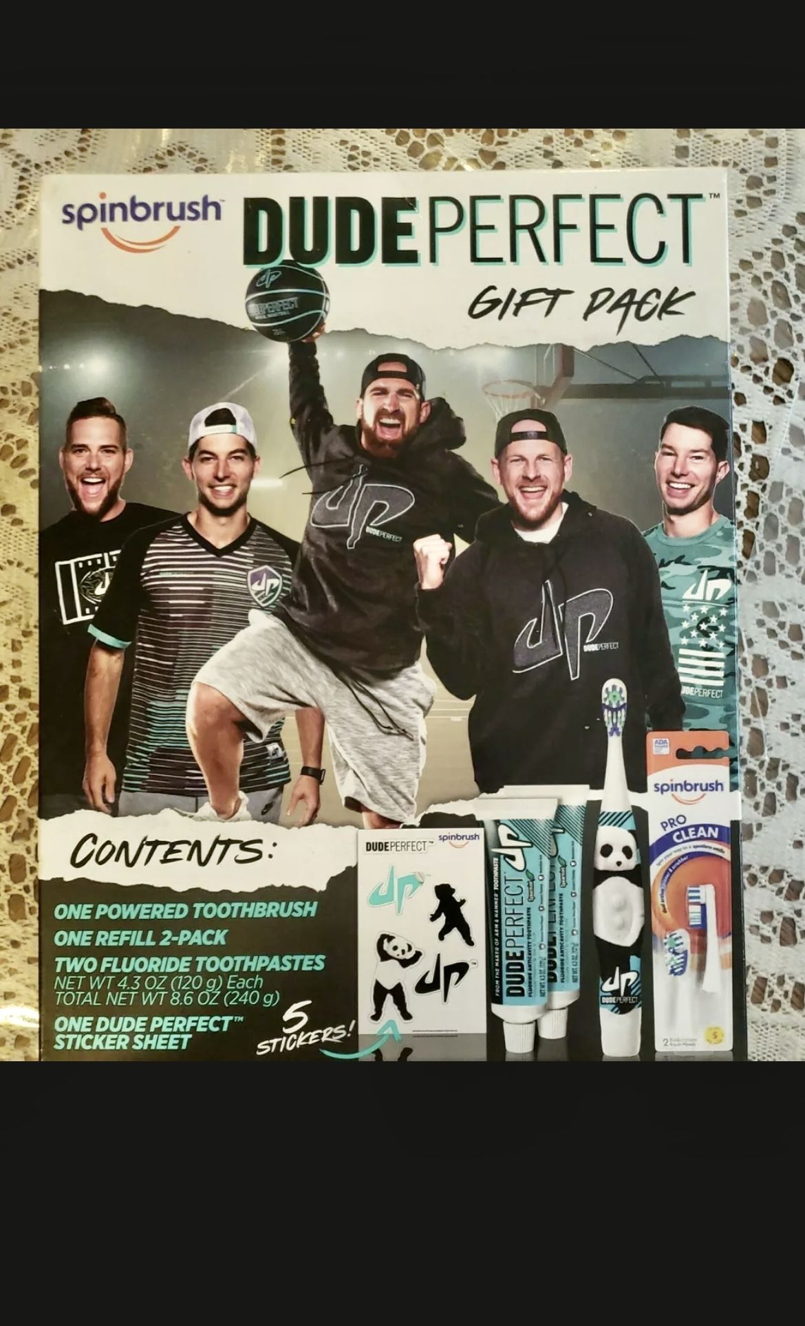 Spinbrush Dude Perfect Gift Set Powered Toothbrush & Toothpaste 2 Heads, New In Box. Sealed